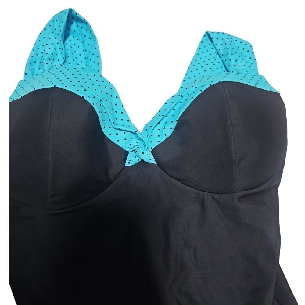Trimshaper Womens Black Turquoise Polka Dot Underwire One Piece‎ Swimsuit 14D